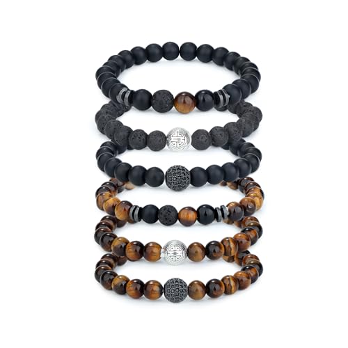 Adramata 6-8Pcs 8mm Tigerauge Armband Herren Damen Naturstein Armband Yoga Perlen Achat Elastische Armbänder Herren Armbänder Set Geburtstagsgeschenk für Männer Frauen von Adramata