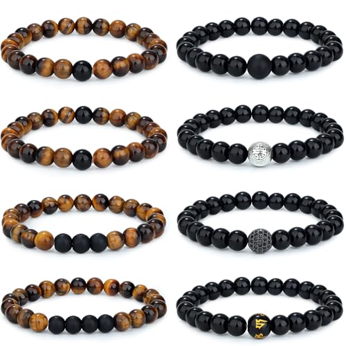 Adramata 6-8Pcs 8mm Tigerauge Armband für Männer Frauen Naturstein Armband Yoga Perlen Achat Elastische Armbänder Herren Armbänder Set Geburtstagsgeschenk für Männer von Adramata