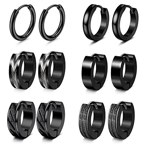 Adramata 6 Paare Herren Ohrringe Edelstahl Creolen Hoops Earrings Set Ohrringe Männer Frauen Knorpel Helix Piercing Ohr Mode Punk Ohrringe Creolen Schwarz Ohrringe für Herren Damen von Adramata