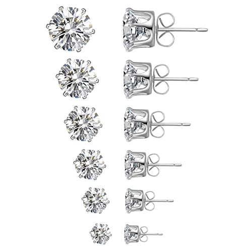 Adramata 6 Paar Ohrstecker Ohrringe Damen Herren Edelstahl Hypoallergen Ohrringe Set Simulierten Diamant Brillant Runde Zirkonia Ohrringe Ohrstecker Silber 3-8mm von Adramata