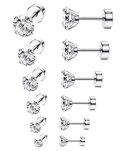 Adramata 6 Paare 18G Edelstahl Ohrstecker Piercing Runder Zirkonia Eingelegt Ohrringe mit Flachem Rücken Barbell Ohrringe für Frauen Männer 3-8mm von Adramata