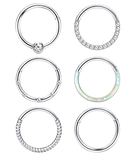 Adramata 6 Pcs 16G 18G Nasenpiercing Ring Septum Ring für Damen Herren Silber Nostril Piercing Chirurgenstahl Nase Piercings Helix Conch Tragus Ohr Piercing Lippenringe Nasenring Septum Piercing Set von Adramata