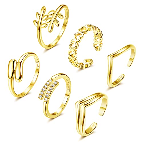 Adramata 6 Stück 14 Karat Gold Gefüllte Zehenringe für Damen - Blumenherz Offene Ringe, Daumenringe, Verstellbare Ringe Set - Sommer Strand Fußschmuck von Adramata