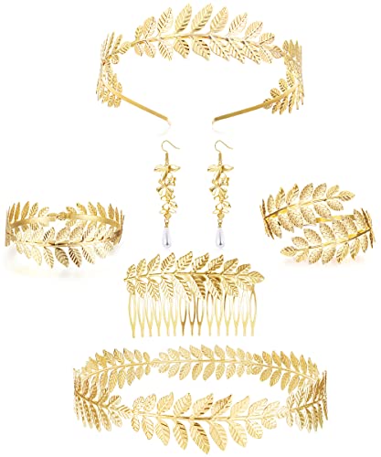 Adramata 6Pcs Griechische Göttin Schmuck Set Damen Römische Griechische Göttin Kopfschmuck Blattgold Stirnband Griechische Gold Haarschmuck Gold Blatt Krone Goldmanschette Armband Hochzeit Halloween von Adramata