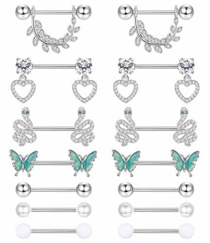 Adramata 7 Paare 14G Nippelpiercing für Frauen, Chirurgenstahl Nippelpiercing Schmuck, CZ Ball Herz Schmetterling Schlange Nippel Zunge Bars Körper Piercing Schmuck,S von Adramata