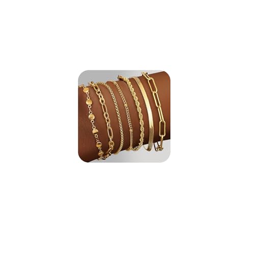 Adramata 7Pcs Armband Damen Edelstahl Ketten Armbänder Set 14K Vergoldet Armbander Twist Schlange Armkette Damen CZ Verstellbar Armband Set Charm Armband Silber Rosegold Gold Armband für Damen Frauen von Adramata