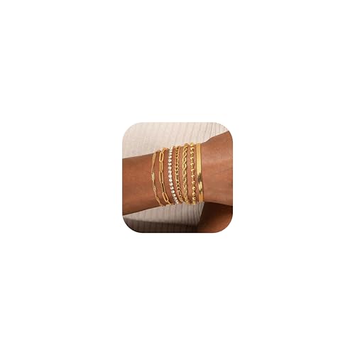 Adramata 7Pcs Ketten Armbander 14 Karat Vergoldet Armkette Twist Figaro Kettenarmbänder Verstellbar CZ Modeschmuck Set Silber Gold für Damen Mädchen von Adramata