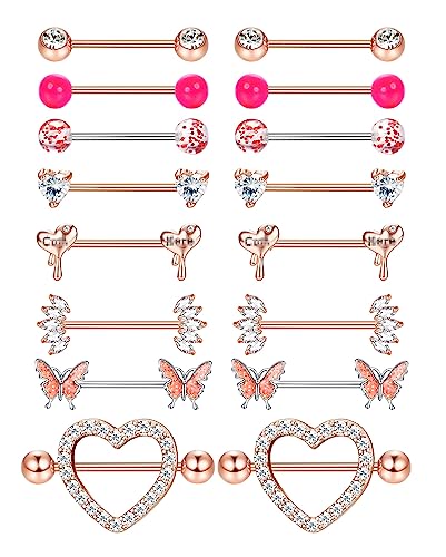 Adramata 8 Paar 14G Nippelpiercing Chirurgenstahl Brustwarzenpiercing Set CZ Schmetterling Nippel Piercing Set Kugel Herz Zungenstangen Nippelpiercing Körper Piercing Schmuck Damen von Adramata