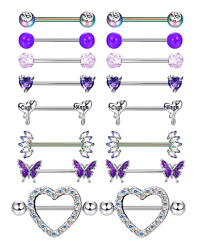 Adramata 8 Paar 14G Nippelpiercing Chirurgenstahl Brustwarzenpiercing Set CZ Schmetterling Nippel Piercing Set Kugel Herz Zungenstangen Nippelpiercing Körper Piercing Schmuck Damen von Adramata