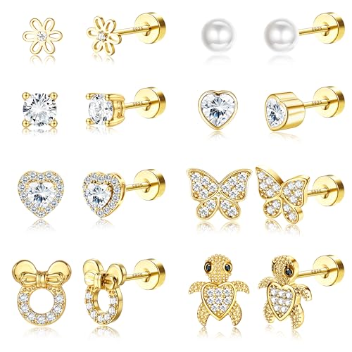 Adramata 8 Paar Ohrringe Silber 925 Mädchen Damen Medizinische Ohrstecker Kleine Schmetterling Blumen Herz Perlen Ohrringe Set Silber 925 Kinder Ohrring für Mädchen Schmuck für Geschenk von Adramata