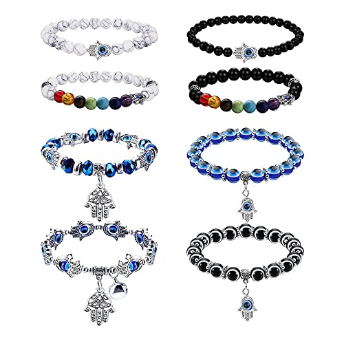 Adramata 8 STK Evil Eye Armband für Damen und Herren - 7 Chakren Hamsa Blue Charm Stretch Perlen - Türkisches Auge Nazar Boncuk Fatima Amulett Schmuck für Schutz und Segen von Adramata
