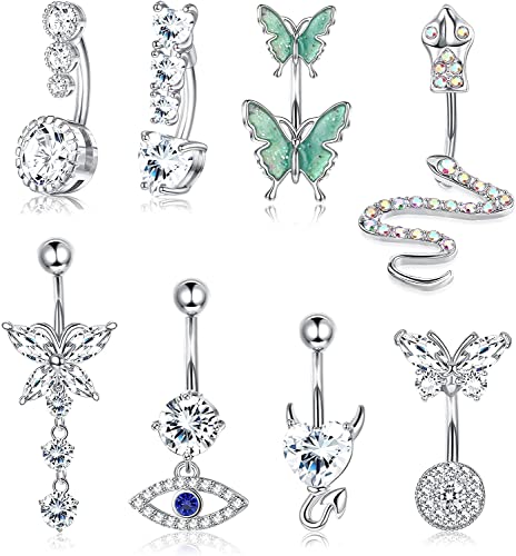 Adramata 8 Stück 14G Bauchnabelringe,Damen Bauchnabelpiercing Chirurgenstahl,Süßer Schlangen Evil Eye Herz klarer CZ Schmetterling,Baumelnde Piercing Bauchnabel für Frauen Bauchnabelpiercing Pack von Adramata