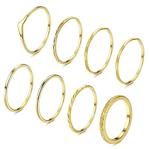 Adramata 8Pcs Gold Ringe für Damen Edelstahl Ring Einfaches Stapelbare Knöchelringe 14 Karat Vergoldet Ringe Set Minimalistisch Fingerring Boho Ringe Daumenring Damen Gold Ringe Frauen von Adramata