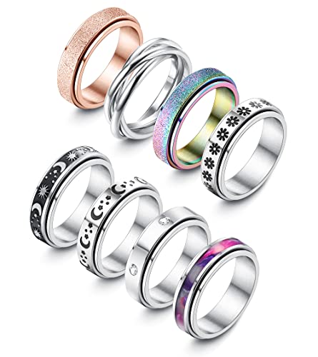 Adramata 8Pcs Fidget Ring für Damen Herren Edelstahl Ringe für Anti Stress Zapple Spinner Band Ringe Set Fidget Anxiety Ring Spinning Angst Ringe für Anti Stress von Adramata