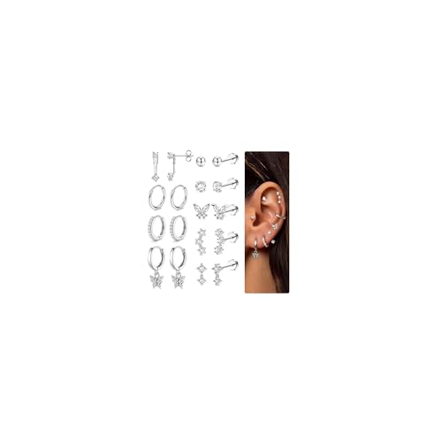 Adramata 9 Paar Ohrringe Gold Set Hypoallergen Ohrringe für Damen Klein Ohrring Creolen Ohrring Hängend Flatback Ohrstecker Set Damenohrringe Gold Silber Conch Tragus Helix Piercing Or von Adramata