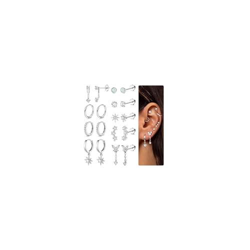 Adramata 9 Paar Ohrringe Gold Set Hypoallergen Ohrringe für Damen Klein Ohrring Creolen Ohrring Hängend Flatback Ohrstecker Set Damenohrringe Gold Silber Conch Tragus Helix Piercing Or von Adramata
