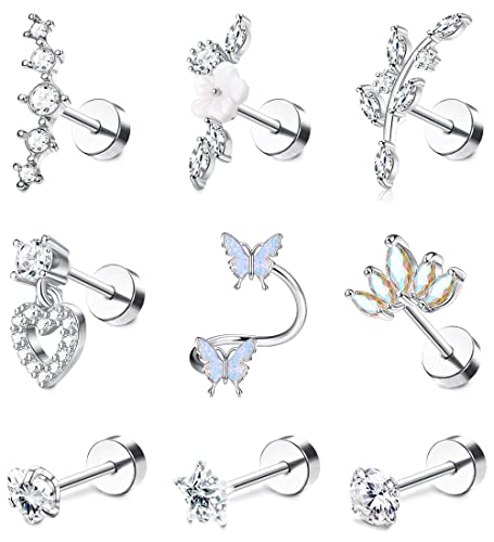 Adramata 9 Pcs 16G Helix Piercings für Damen Chirurgenstahl Ohrringe Piercing Schmetterling Blume Schlange Ohrpiercing Ohrstecker Knorpel Ohrringe Set Helix Tragus Piercing Ohr Schmuck von Adramata