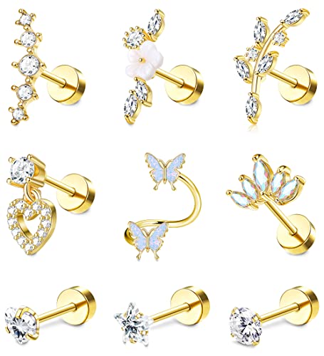 Adramata 9 Pcs 16G Helix Piercings für Damen Chirurgenstahl Ohrringe Piercing Schmetterling Blume Schlange Ohrpiercing Ohrstecker Knorpel Ohrringe Set Helix Tragus Piercing Ohr Schmuck von Adramata