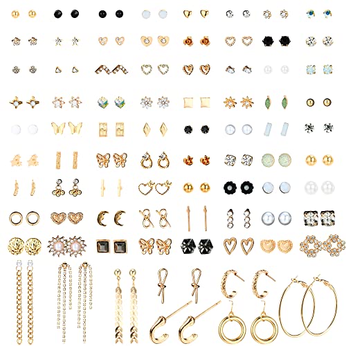 Adramata 90 Paar Ohrringe Set Ohrstecker für Damen Verschiedene Ohrring Set Lang Baumelnd Tropfen Hängend Ohrring CZ Perlenohrringe Creolen Gold Silber Ohrringe für Damen Mädchen von Adramata