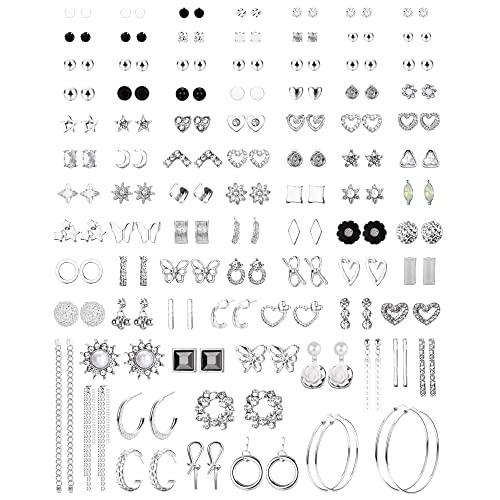 Adramata 90 Paar Ohrringe Set Ohrstecker für Damen Verschiedene Ohrring Set Lang Baumelnd Tropfen Hängend Ohrring CZ Perlenohrringe Creolen Gold Silber Ohrringe für Damen Mädchen von Adramata