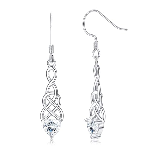 Adramata Silber 925 Ohrringe Hängend - Geburtsstein Vintage Keltische Knoten Herz Tropfen Statement Anhänger - Geschenke für Frauen von Adramata