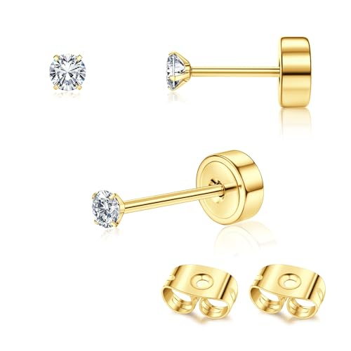 Adramata 2Pcs Titan Ohrringe Gold Damen Ohrstecker Titan Flach Zurück Ohrstecker Hypoallergene Piercing Ohr Tragus Piercing Helix Piercings Gold Silber Titan Ohrringe 2/3/4MM von Adramata