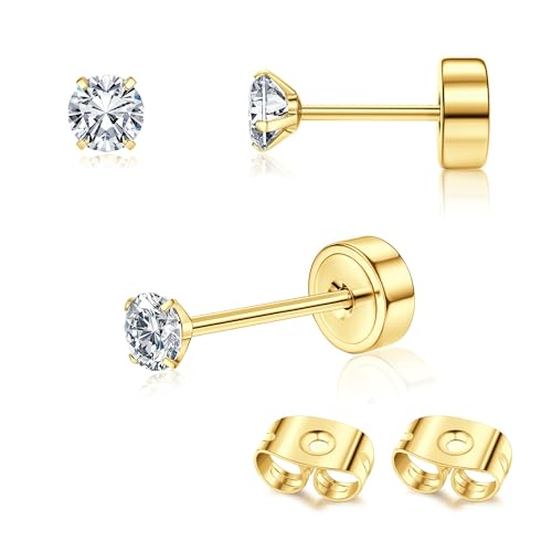 Adramata 2Pcs Titan Ohrringe Gold Damen Ohrstecker Titan Flach Zurück Ohrstecker Hypoallergene Piercing Ohr Tragus Piercing Helix Piercings Gold Silber Titan Ohrringe 2/3/4MM von Adramata