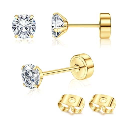 Adramata 2Pcs Titan Ohrringe Gold Damen Ohrstecker Titan Flach Zurück Ohrstecker Hypoallergene Piercing Ohr Tragus Piercing Helix Piercings Gold Silber Titan Ohrringe 2/3/4MM von Adramata
