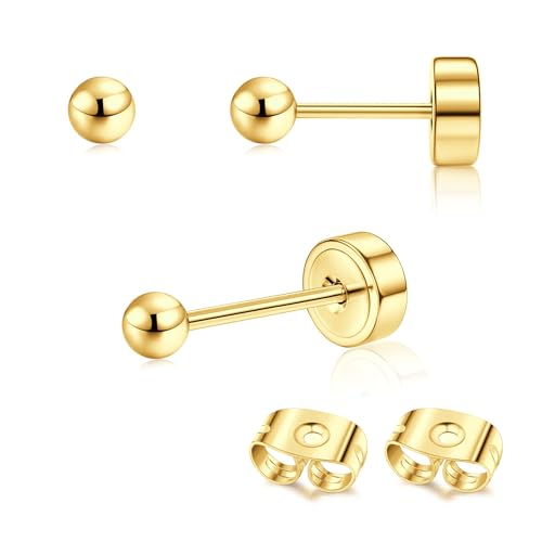 Adramata 2Pcs Titan Ohrringe Gold Damen Ohrstecker Titan Flach Zurück Ohrstecker Hypoallergene Piercing Ohr Tragus Piercing Helix Piercings Gold Silber Titan Ohrringe 2/3/4MM von Adramata