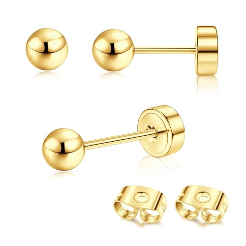 Adramata 2Pcs Titan Ohrringe Gold Damen Ohrstecker Titan Flach Zurück Ohrstecker Hypoallergene Piercing Ohr Tragus Piercing Helix Piercings Gold Silber Titan Ohrringe 2/3/4MM von Adramata