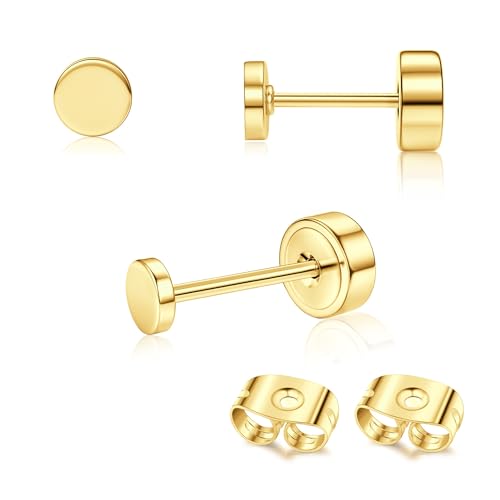 Adramata 2Pcs Titan Ohrringe Gold Damen Ohrstecker Titan Flach Zurück Ohrstecker Hypoallergene Piercing Ohr Tragus Piercing Helix Piercings Gold Silber Titan Ohrringe 2/3/4MM von Adramata
