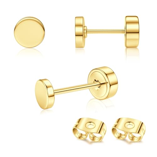 Adramata 2Pcs Titan Ohrringe Gold Damen Ohrstecker Titan Flach Zurück Ohrstecker Hypoallergene Piercing Ohr Tragus Piercing Helix Piercings Gold Silber Titan Ohrringe 2/3/4MM von Adramata