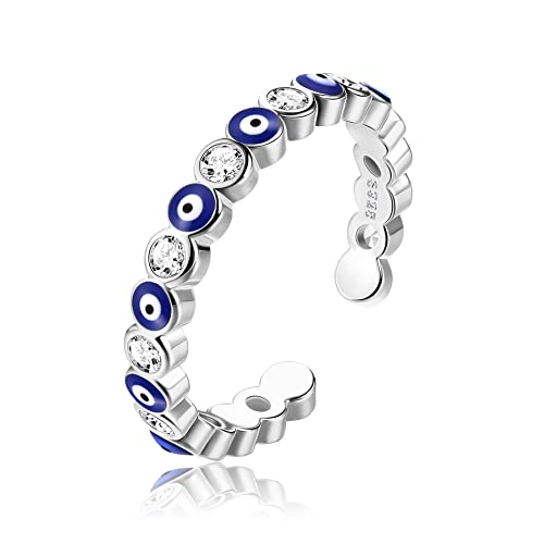 Adramata 925 Sterling Silber Ringe für Damen Evil Eye Ring 18 Karat Weißgold Plattiert Blau Evil Eye Schmuck Hamsa Offener Ring Mode Glücksschutz Schmuck Verstellbare Evil Eye Ringe Silber Damenring von Adramata