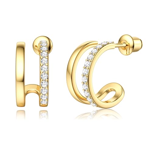 Adramata Ohrringe Silber 925 für Damen Mädchen 14K Vergoldet Doppel-Creolen 925 Silber, Hypoallergen 4 Krappen Wrap Ohrringe Silber für Ein Ohrlöcher von Adramata