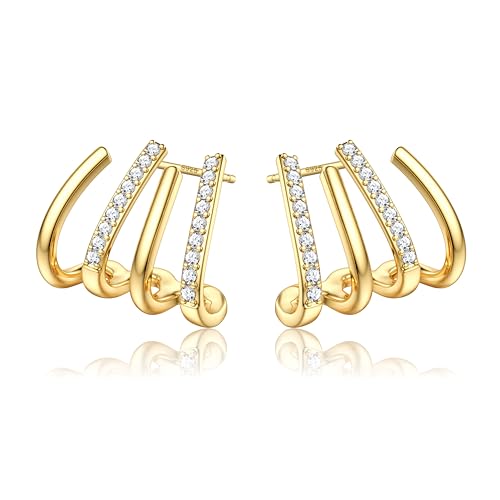 Adramata Ohrringe Silber 925 für Damen Mädchen 14K Vergoldet Doppel-Creolen 925 Silber, Hypoallergen 4 Krappen Wrap Ohrringe Silber für Ein Ohrlöcher von Adramata
