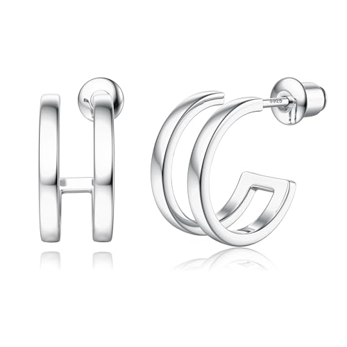 Adramata Ohrringe Silber 925 für Damen Mädchen 14K Vergoldet Doppel-Creolen 925 Silber, Hypoallergen 4 Krappen Wrap Ohrringe Silber für Ein Ohrlöcher von Adramata