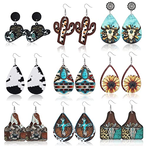 Adramata 9Pairs Western Ohrringe Set für Cowgirl Cowboy Cow Print Leder Holz Teardrop Dangle Ohrringe für Frauen Boho Vintage Handmade Bohemian Türkis,A von Adramata