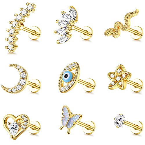 Adramata 9Pcs 16G Helix Piercings für Damen Chirurgenstahl Ohrringe Piercing Evil Eye Schmetterling Blume Ohrpiercing Ohrstecker Tragus Conch Piercing Knorpel Ohrringe Set Tragus Helix Piercing Ohr von Adramata