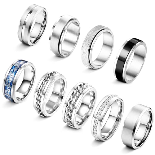 Adramata 9Pcs Edelstahl Ringe Herren Fidget Ring Spinner Ring Vintage Siegelring Cool Band Ring Männer Ehering Verlobungsring Schwarz Silber Ringe Set Anxiety Ring für Herren Damen Schmuck von Adramata