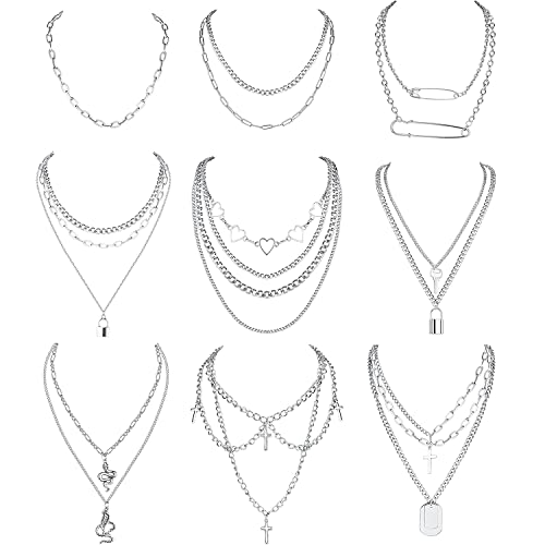 Adramata 9Pcs Kette Damen Silber Lang Punk Emo Halsketten Herz Kreuz Schlange Punk Anhänger Halsketten Statement Gothic Kette Set Statement Halsketten Set Layering Silber Halsketten für Damen Herren von Adramata