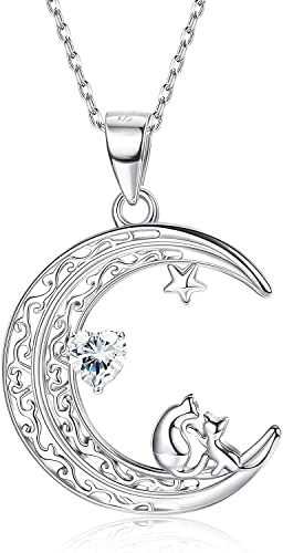 Adramata Damen Halskette 925 Sterling Silber Katze Anhänger Halskette-Mond Anhänger Halskette Zwei süße Katze Halskette Jubiläum Geburtstag Schmuck,B von Adramata