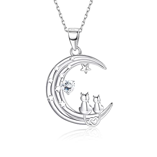 Adramata Damen Halskette 925 Sterling Silber Katze Anhänger Halskette-Mond Anhänger Halskette Zwei süße Katze Halskette Jubiläum Geburtstag Schmuck,C von Adramata