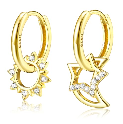 Adramata Silber 925 Ohrringe für Mädchen und Damen - CZ Mond Stern und Sonne Hängend, Hypoallergene Creolen Mit Anhänger, Geschenk für Empfindliche Ohren, Sun-G von Adramata