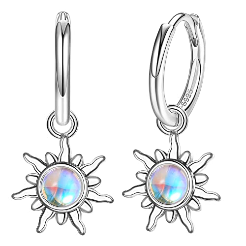 Adramata Damen Ohrringe Silber 925 Hängend Mondstein Tropfen Ohrringe Sonne Creolen Mit Anhänger Baumeln Gold Silber Für Damen von Adramata