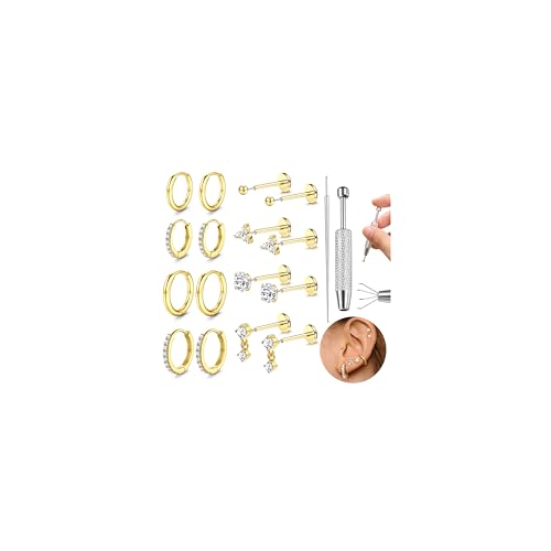 Adramata 18 Stück Helix Piercing Chirurgenstahl Nasenpiercing Stecker 16G/20G Knorpel Ohrringe Damen Klein Ohrringe Creolen Gold Silber Conch Tragus Piercing Ohr Schmuck von Adramata
