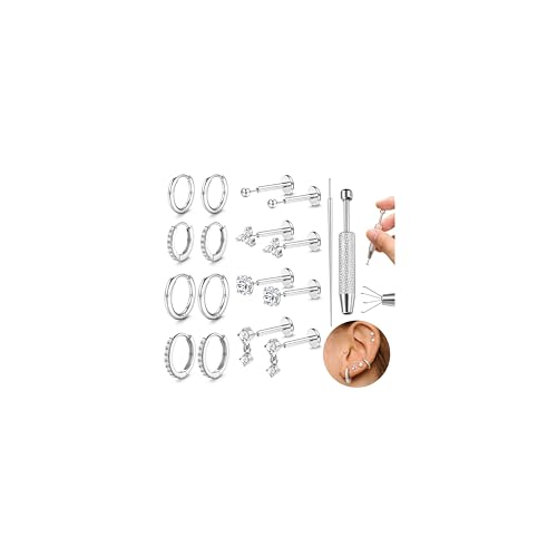 Adramata 18 Stück Helix Piercing Chirurgenstahl Nasenpiercing Stecker 16G/20G Knorpel Ohrringe Damen Klein Ohrringe Creolen Gold Silber Conch Tragus Piercing Ohr Schmuck von Adramata