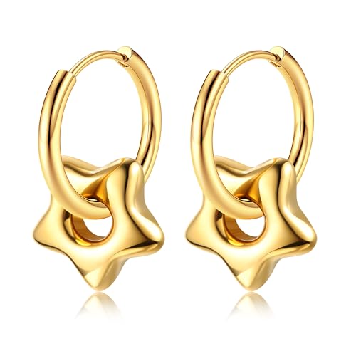 Adramata Damen Ohrringe Gold Hängend Gold Creolen mit Anhänger Edelstahl Tropfen Ohrringe 18K Vergoldete Ohrhänger Stern Mond Herz Ohrringe Schlichte Statement Ohrringe Creolen Damen Schmuck Gold von Adramata