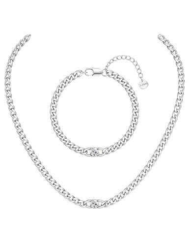 Adramata Halskette Kette Armband für Damen Herren 4.5MM Breite Edelstahl Kette 14K Vergoldet Halskette Armband Set Wasserfest Zirkonia Silberkette, 40/45/50CM Einstellbare Länge von Adramata