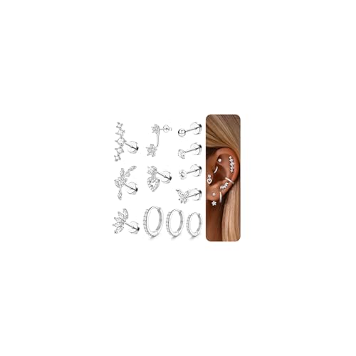 Adramata 12/14Pcs 16G Helix Piercings Chirurgenstahl Ohrringe Piercing Set Flatback Ohrstecker Ohr Piercings Knorpel Ohrringe Damen Helix Ring Gold Silber Conch Tragus Piercing Ohr Einzelner Ohrring von Adramata