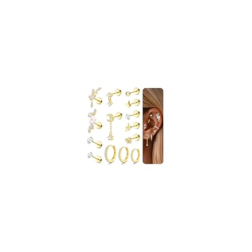 Adramata 12/14Pcs 16G Helix Piercings Chirurgenstahl Ohrringe Piercing Set Flatback Ohrstecker Ohr Piercings Knorpel Ohrringe Damen Helix Ring Gold Silber Conch Tragus Piercing Ohr Einzelner Ohrring Adramata 12/14Pcs 16G Helix Piercings Chirurgenstahl Ohrringe Piercing Set Flatback Ohrstecker Ohr Piercings Knorpel Ohrringe Damen Helix Ring Gold Silber Conch Tragus Piercing Ohr Einzelner Ohrring von Adramata